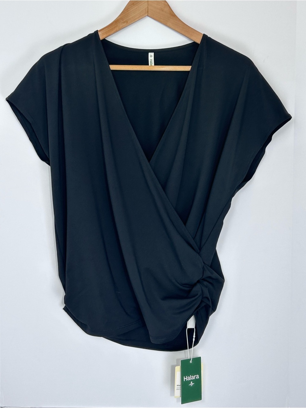Halara Women’s Black V Neck Crossover Ruched Blouse Top M NWT
